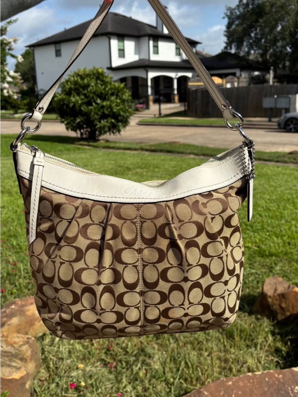 Coach Brown Signature Canvas Shoulder Bag with Cream Trim